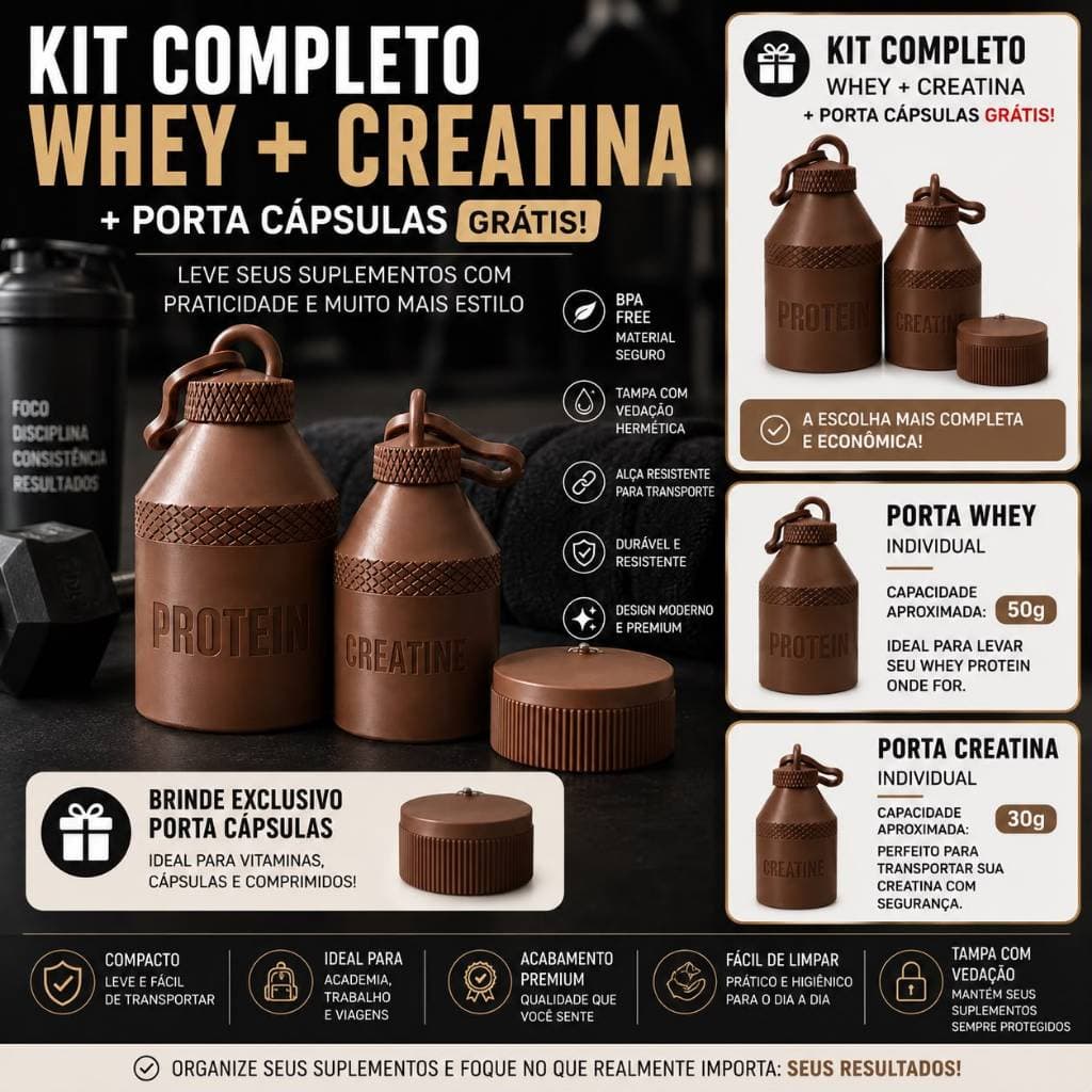 Kit Porta suplemento Whey Creatina c/ Porta Cápsulas Brinde | Potes Portáteis para Academia Chaveiro Fitness pré treino