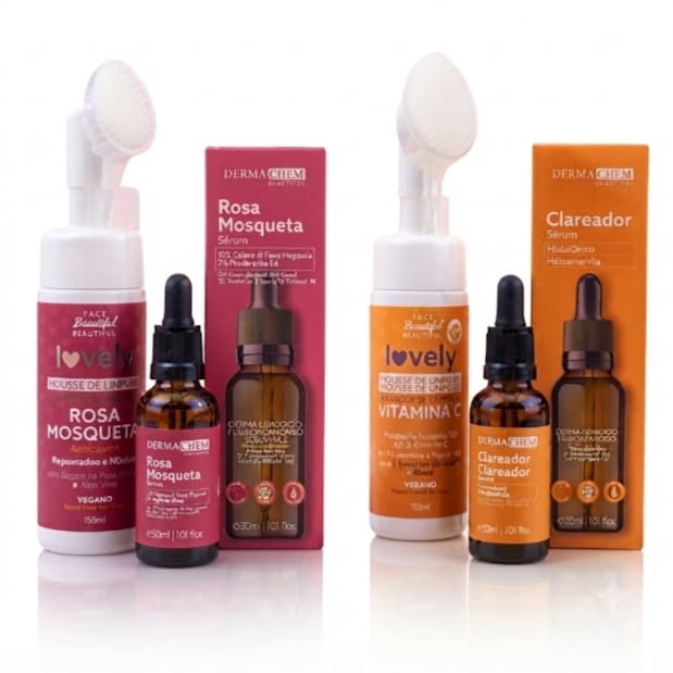 Kit Skincare Facial Completo Rosa Mosqueta ou Vitamina C Limpeza e Clareamento Diário  Sérum Facial