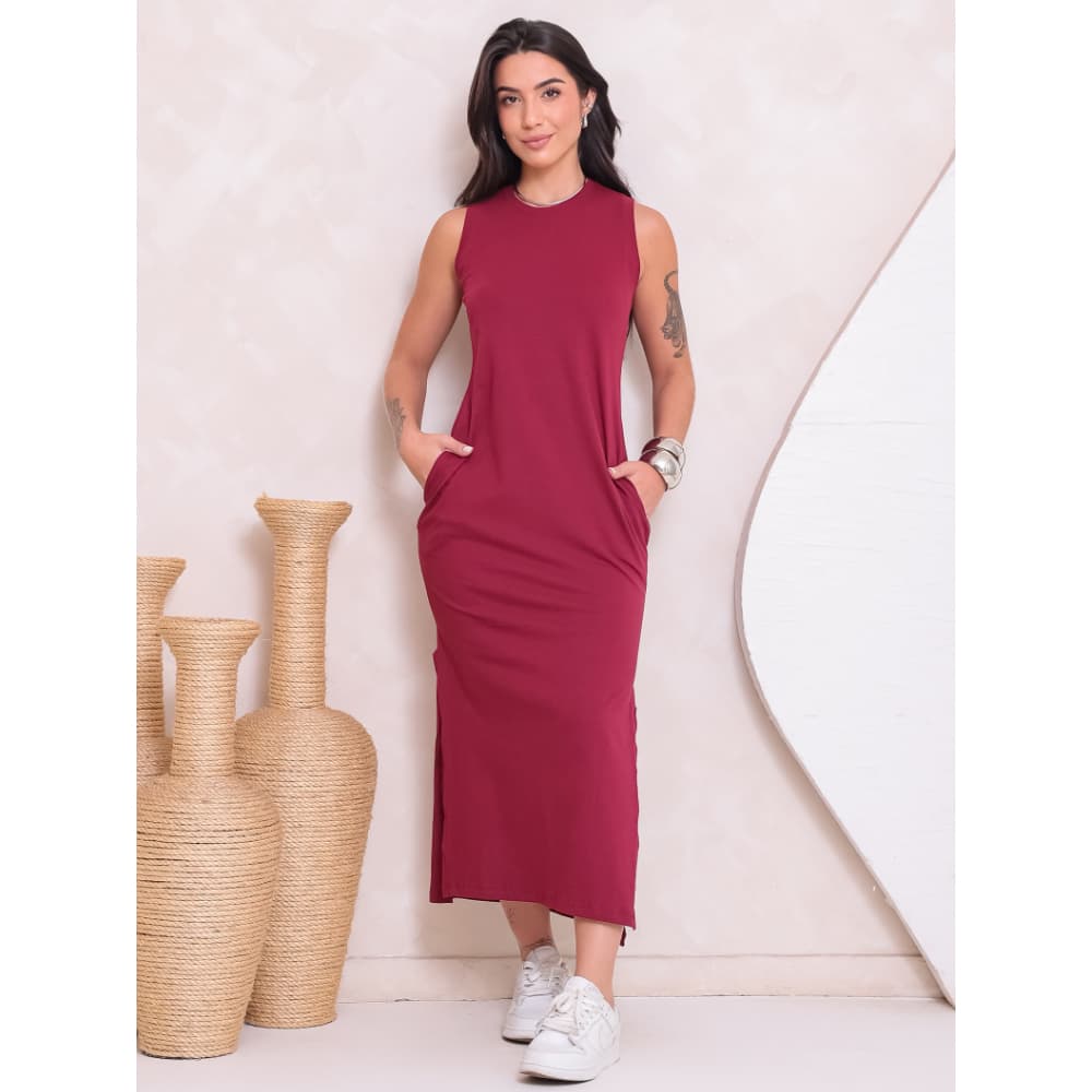 Vestido Longo Feminino Com Fenda Lateral e Bolso Básico Soltinho Algodão Premium Moda Blogueira