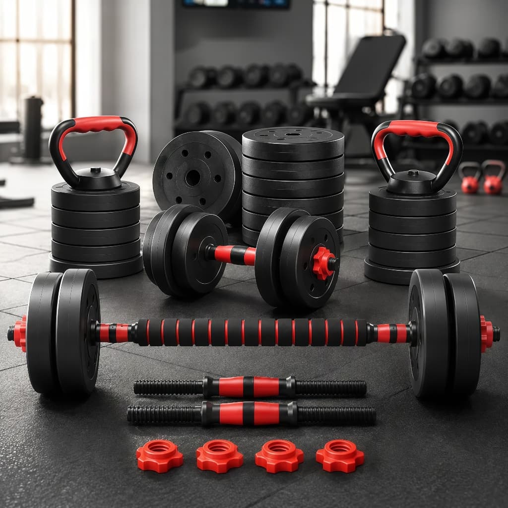 Kit Halteres Anilhas Barras Dumbbell Kettlebell 15/20kg Academia Musculação 6 em 1 Ajustável Treino Funcional Casa