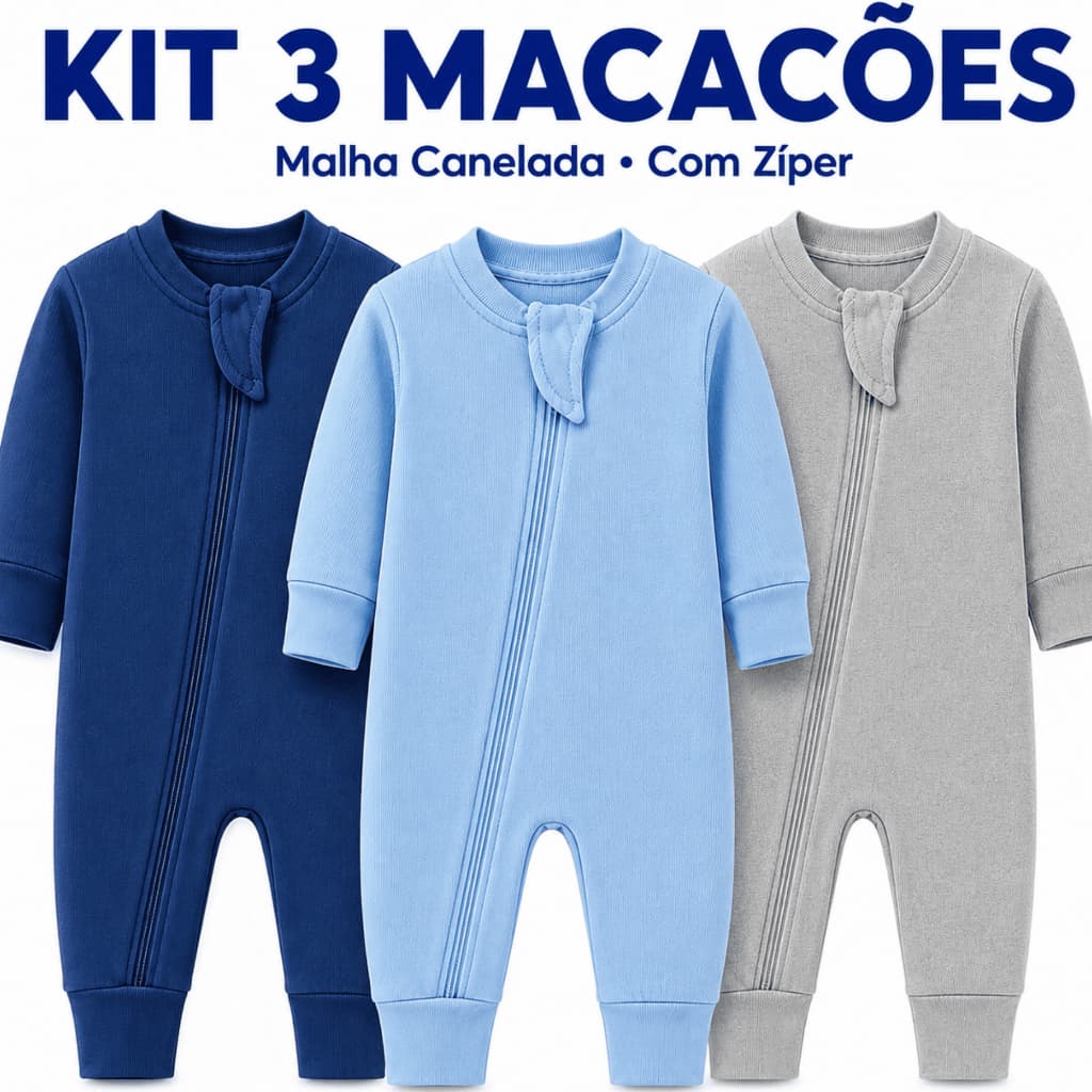 Kit 2 3 Macacão Bebê Liso Menino Zíper Vira Pé Enxoval Maternidade Recém Nascido P M G
