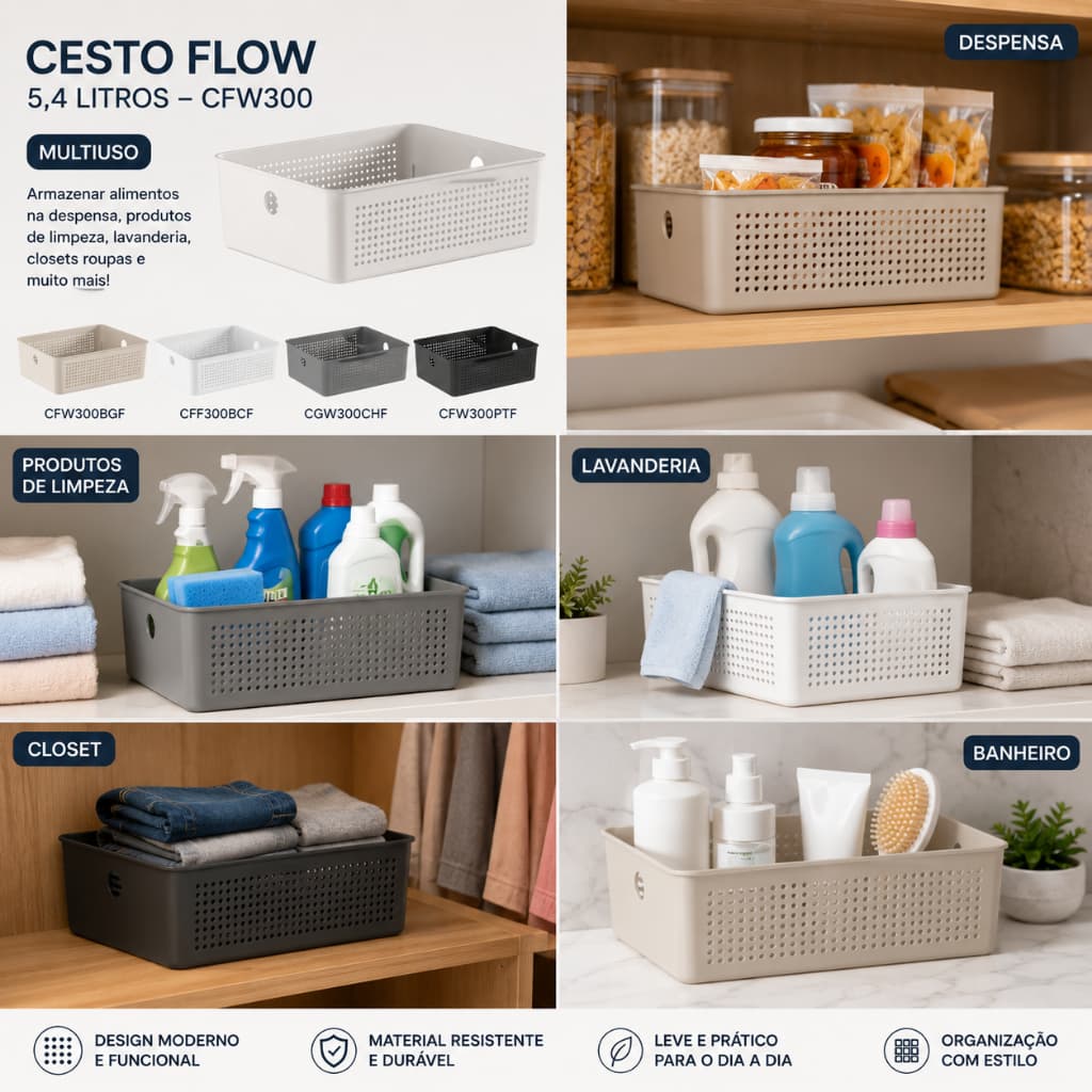 Cesto organizador 5,4L Flow OU - lavanderia produtos de limpeza, banheiro, roupas, closet, alimentos despensa, brinquedo