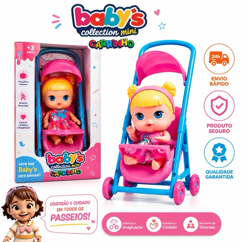 Boneca Bebe Baby Collection Passeio C/ Carrinho - Super Toys