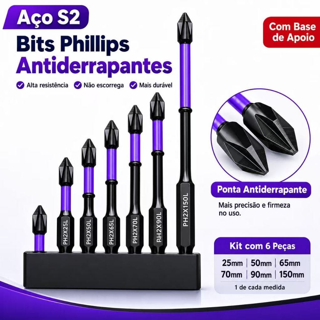 Kit de Bits PH2 Magnéticos em Aço S2 Pontas Antiderrapantes para Parafusadeira e Furadeira | Vários Tamanhos