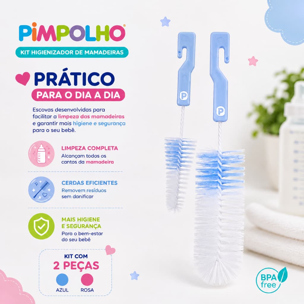 Kit Higienizador de Mamadeira Pimpolho 2 Peças Escova para Mamadeira e Bico