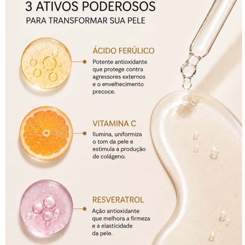 Sérum Iluminador Facial Vitamina C Ácido Kójico Ácido Ferúlico Resveratrol Vitamina E 30ml Clareador