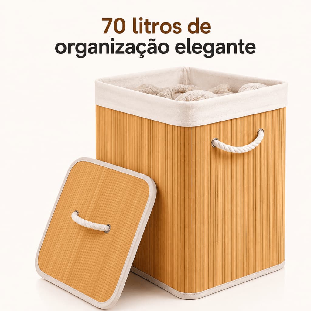 Cesto Organizador de Roupas 70L em Bambu com Tampa e Alças Dobrável Lavanderia Banheiro Closet Quarto BambuLar