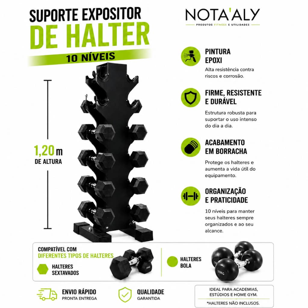 Suporte Expositor Torre 10 Pares Halteres Peso Academia Hartwit Fitness Sextavado e Bola