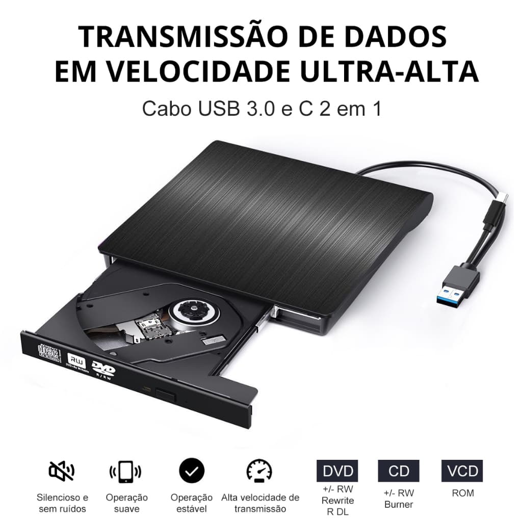 Gravador de CD DVD Externo Portátil USB 3 0 Tipo C Leitor 2 em 1 Notebook PC Computador