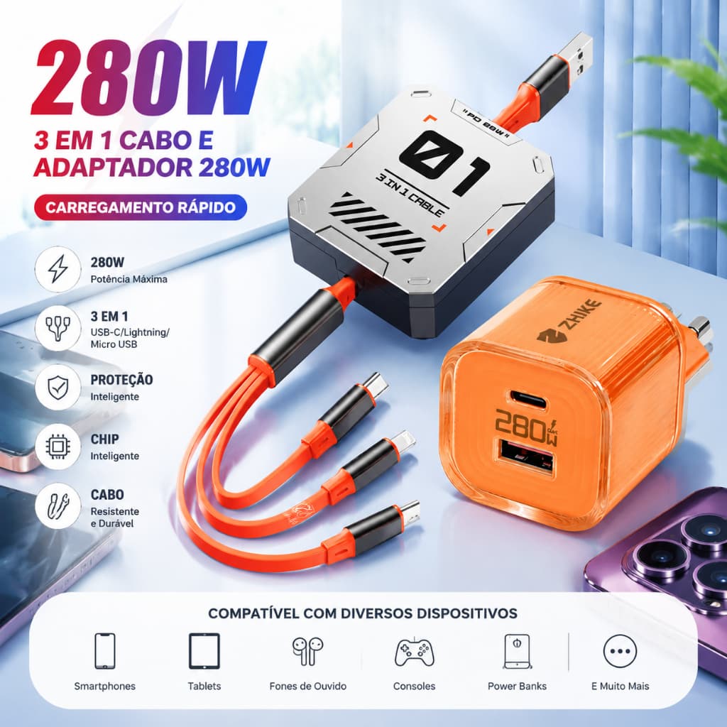 Cabo Celular Carregador Carregamento Rápido 3 em 1 Tipo C V8 iP 1,2M Retrátil Com Adaptador GaN