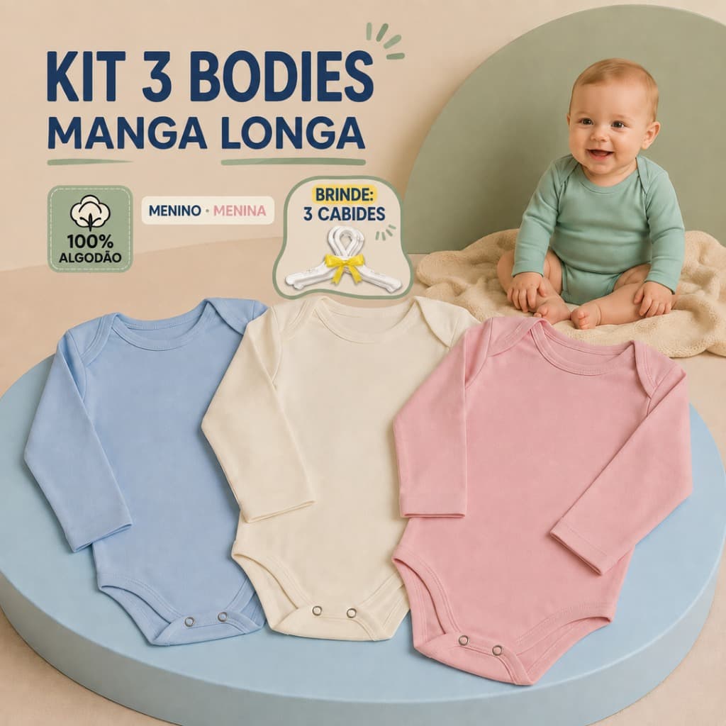 Body Bebê Kit 3 Peças Manga Longa Liso Suedine 100% Algodão Menino Menina Para Enxoval RN ao G