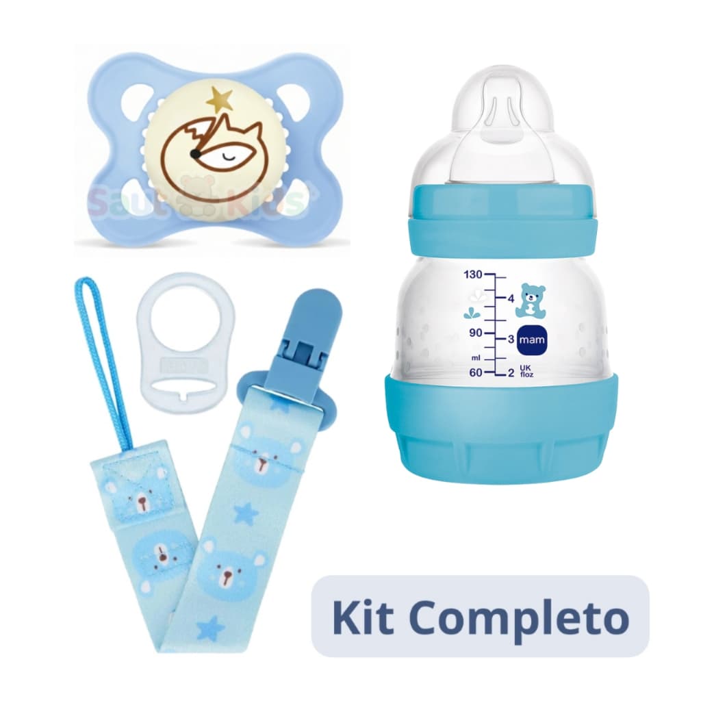 Kit Meninos Mamadeira MAM Chupeta Prendedor MAM 130ml Anticólica Chupeta MAM 0-6 meses Prendedor Buba Azul Bebê