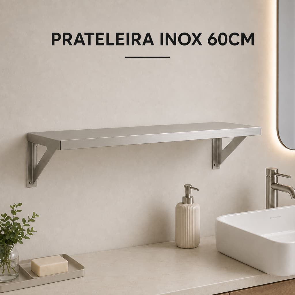 Prateleira Inox 60cm Parede com Suporte Organizador Multiuso para Banheiro Cozinha Lavanderia Área Gourmet Aço