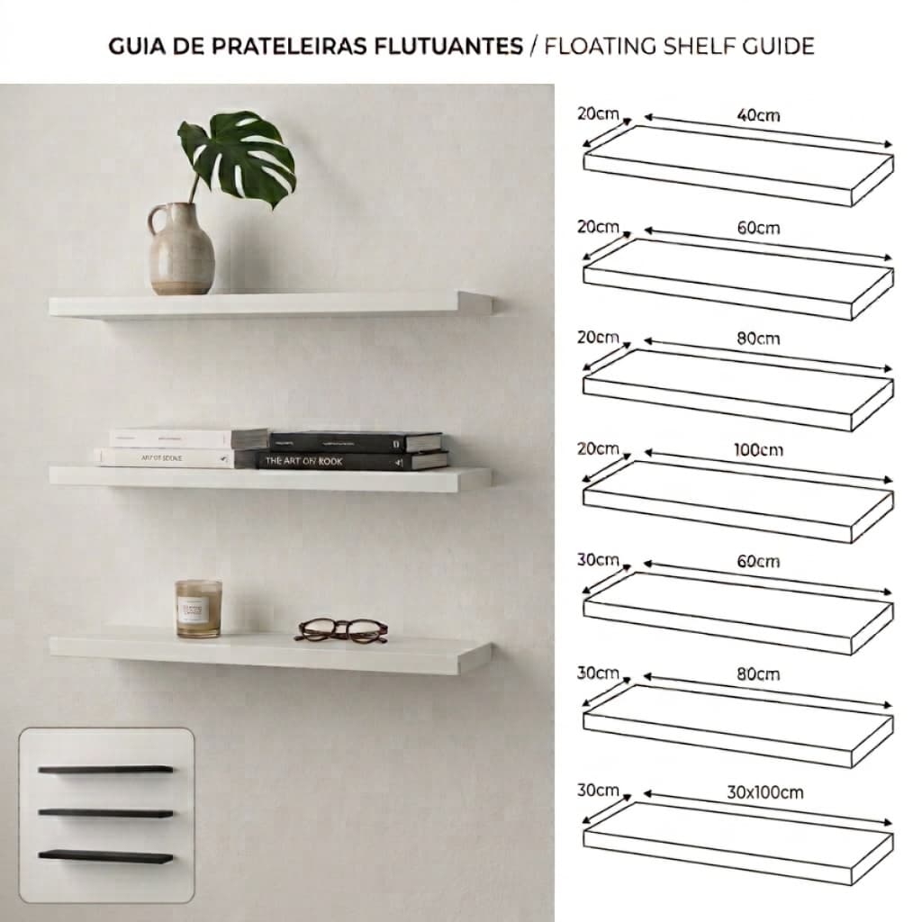 Prateleira Flutuante Suporte Invisível Parede Sala Quarto Cozinha Cores Branca ou Preta