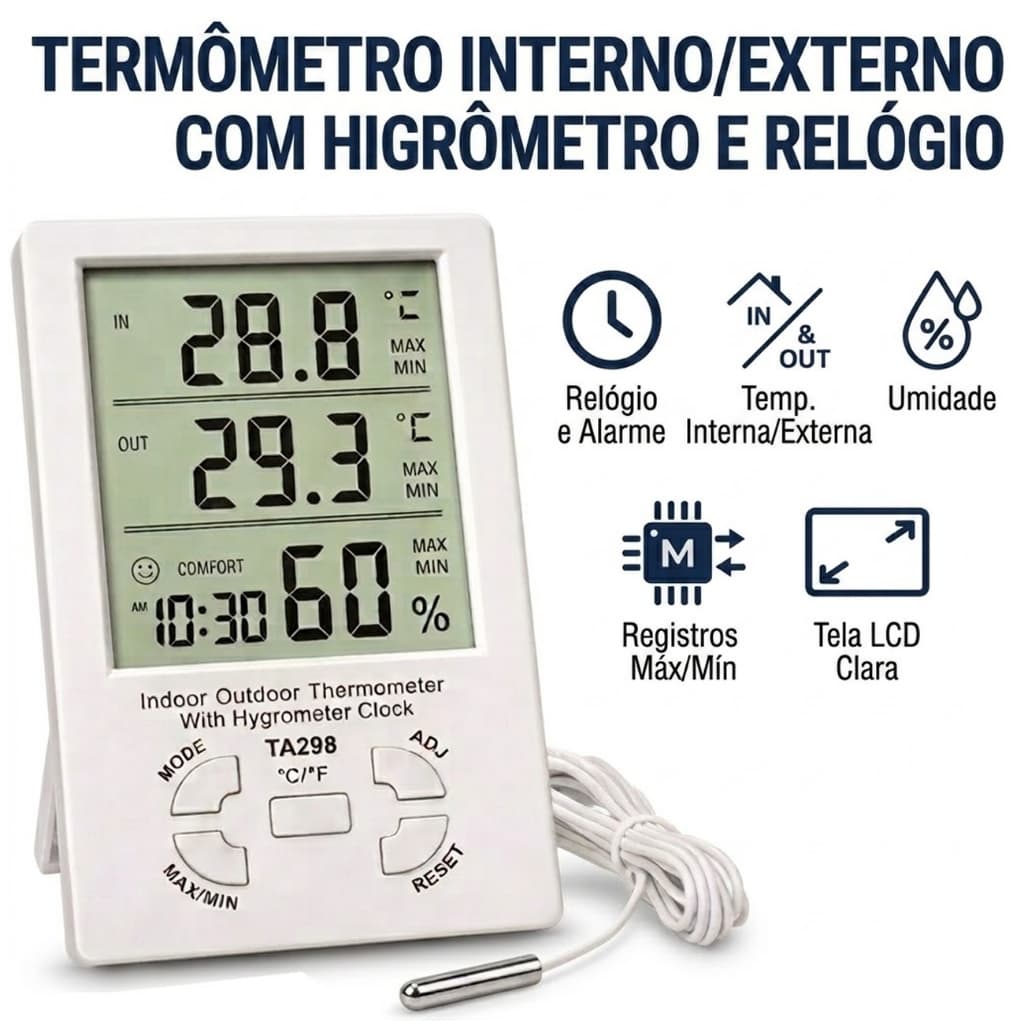Termômetro Higrômetro Digital Medidor Temperatura Umidade Com Cabo Sensor Externo Relógio Alarme
