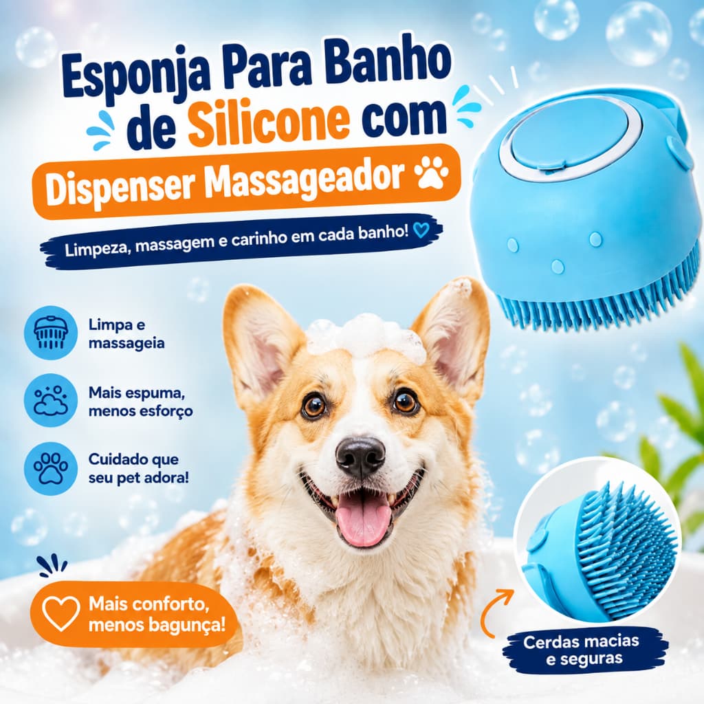 Esponja de Banho Pet Silicone com Dispenser Shampoo Massageador para Cães e Gatos