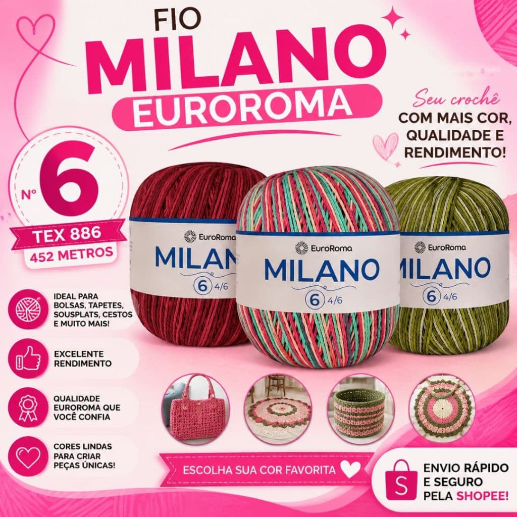 Fio Milano Euroroma Nº 6 Tex 886 400g 452m Barbante para Crochê Bolsas Tapetes Sousplat