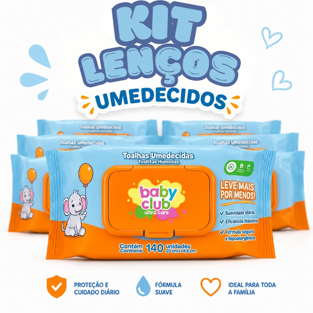 Kit Toalhas Umedecidas Baby Club Pacotes c/ 120 Lenços Hipoalergênico Bebe Neném Menina Menino