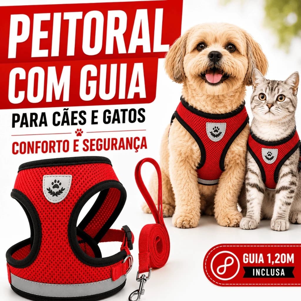 Coleira Peitoral para Cães e Gatos com Guia