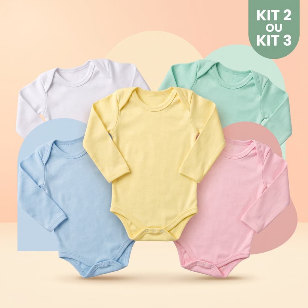 Kit 2 e 3 Body Infantil Bebe Manga Longa Confortável Liso Enxoval Básico Dia Dia