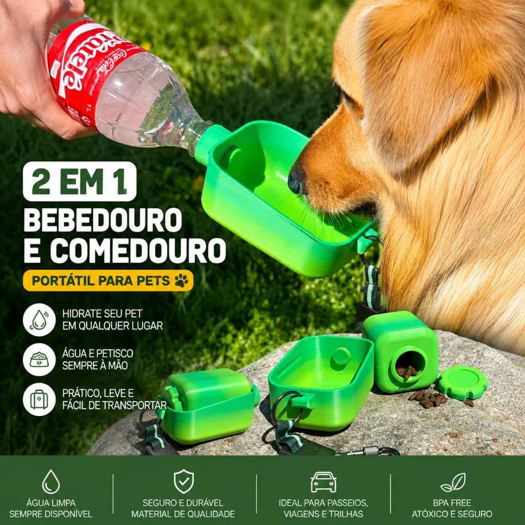 Bebedouro e Comedouro Portátil 2 em 1 para Pets | Cachorro e Gato | Água e Ração | Passeio e Viagem