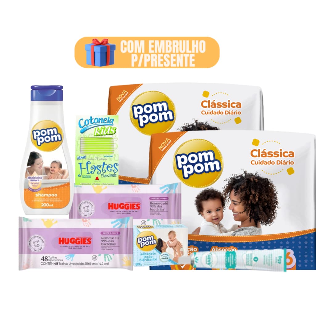 Kit Chá De Bebê Presente Higiene Com Fralda Huggies Lenços Shampoo Pompom e Embrulho