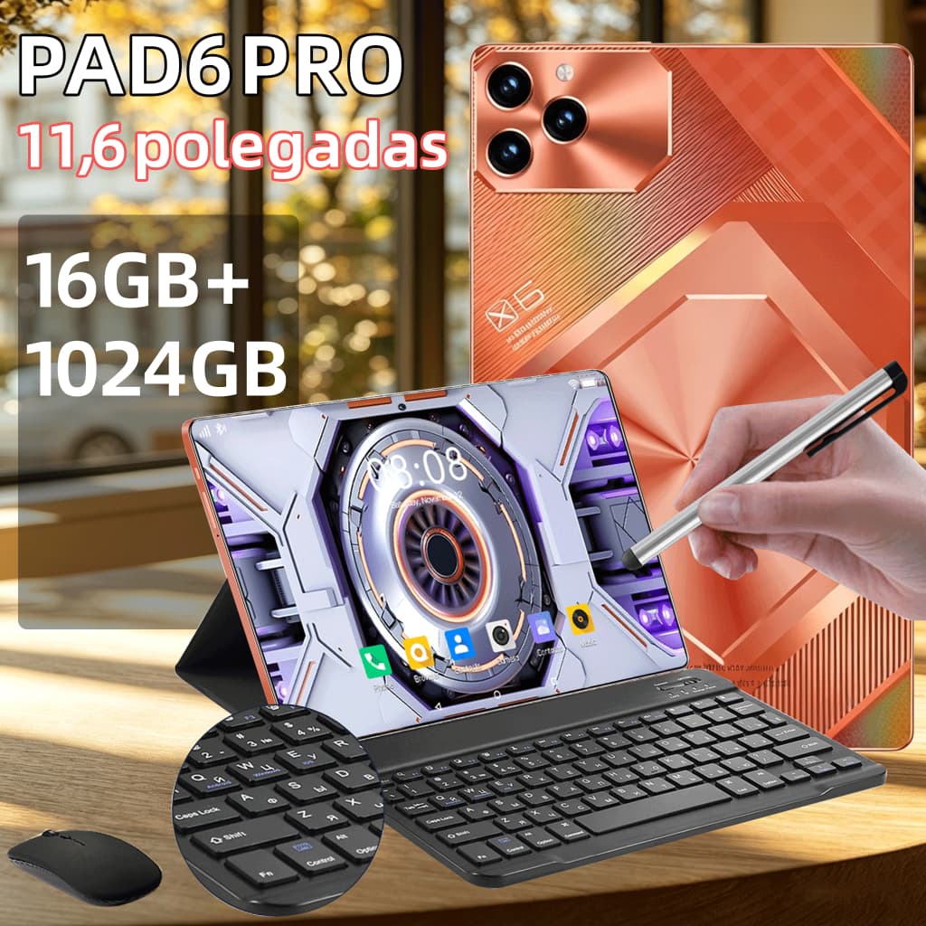 Tablet PAD6 Pro 11.6” com Teclado+Mouse 16GB RAM 512GB Android Câmera 48MP 8800mAh Android 15
