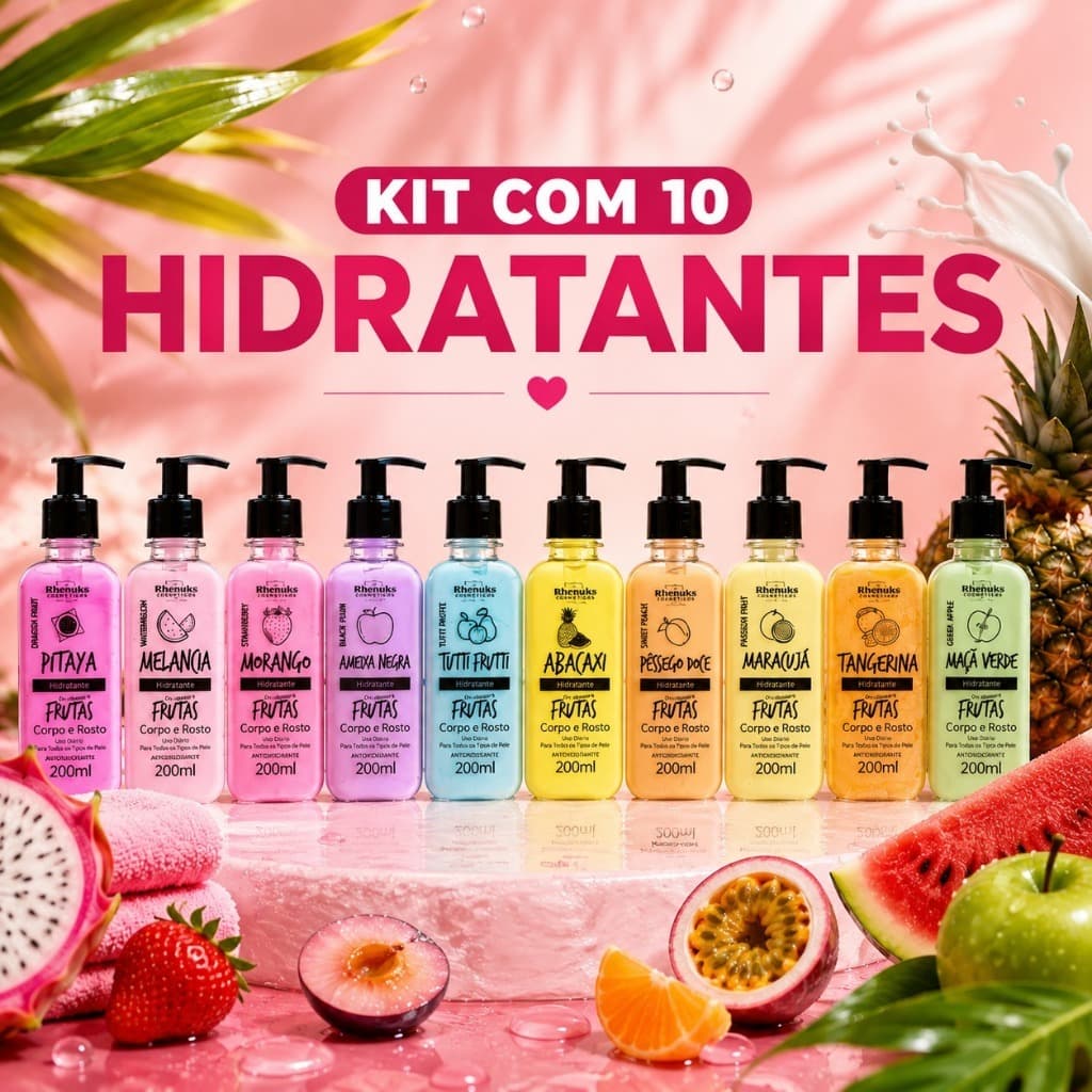 Kit 10 Hidratantes Rhenuks Corpo e Rosto 200ml Linha Frutas 10 Fragrâncias Variadas Hidratação Pele