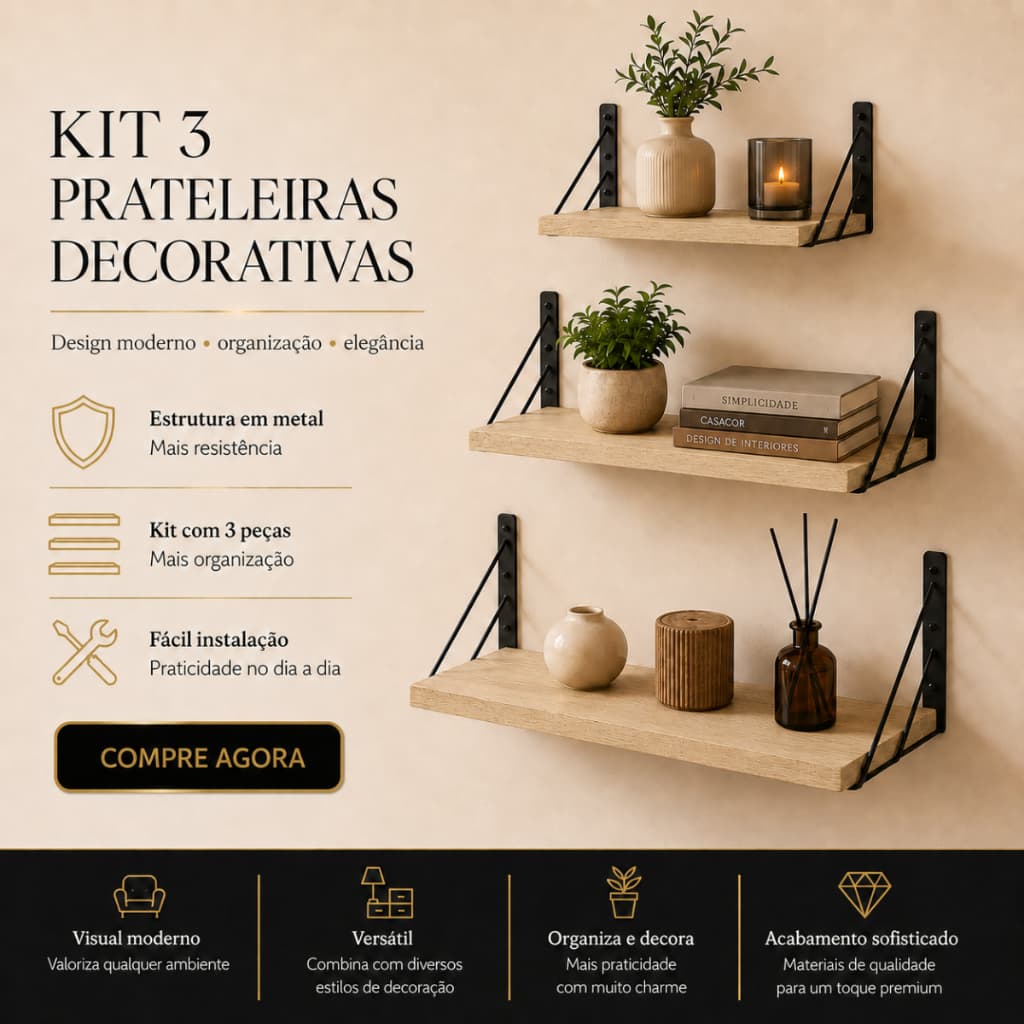 Kit 3 Prateleira Parede Madeira Suporte Aço Industrial Cozinha Black