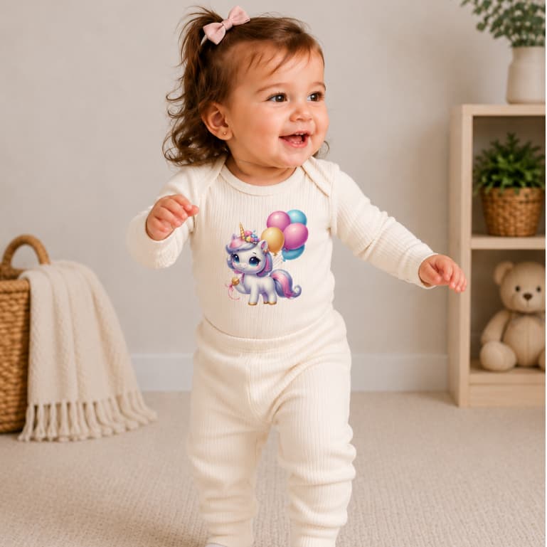 Conjunto Bebê Menina Manga Longa Ribana Canelada Estampa DTF Gola Envelope Body e Calça Botão Fralda
