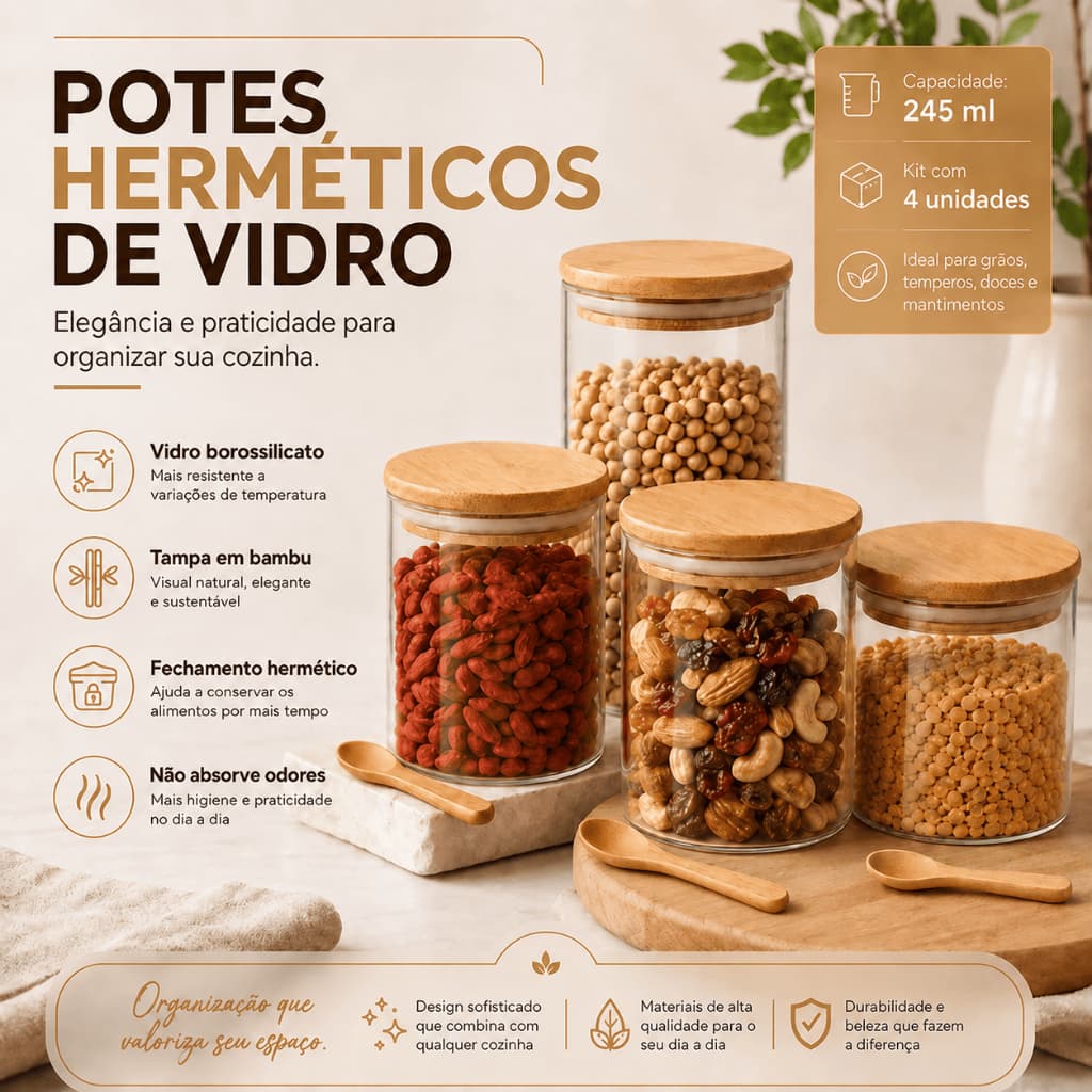 Kit 2 3 4 Potes Temperos Redondo Porta Mantimentos Condimentos Vidro Hermético Tampa Bambu Colher 245ml