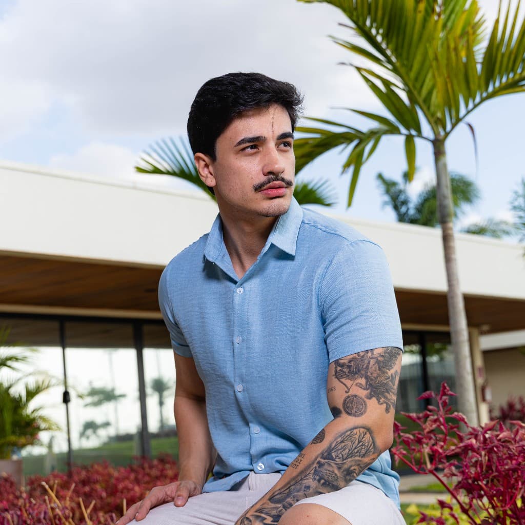 Camisa Masculina Social Manga Curta Slim Fit Texturizada Praia Moda Verão