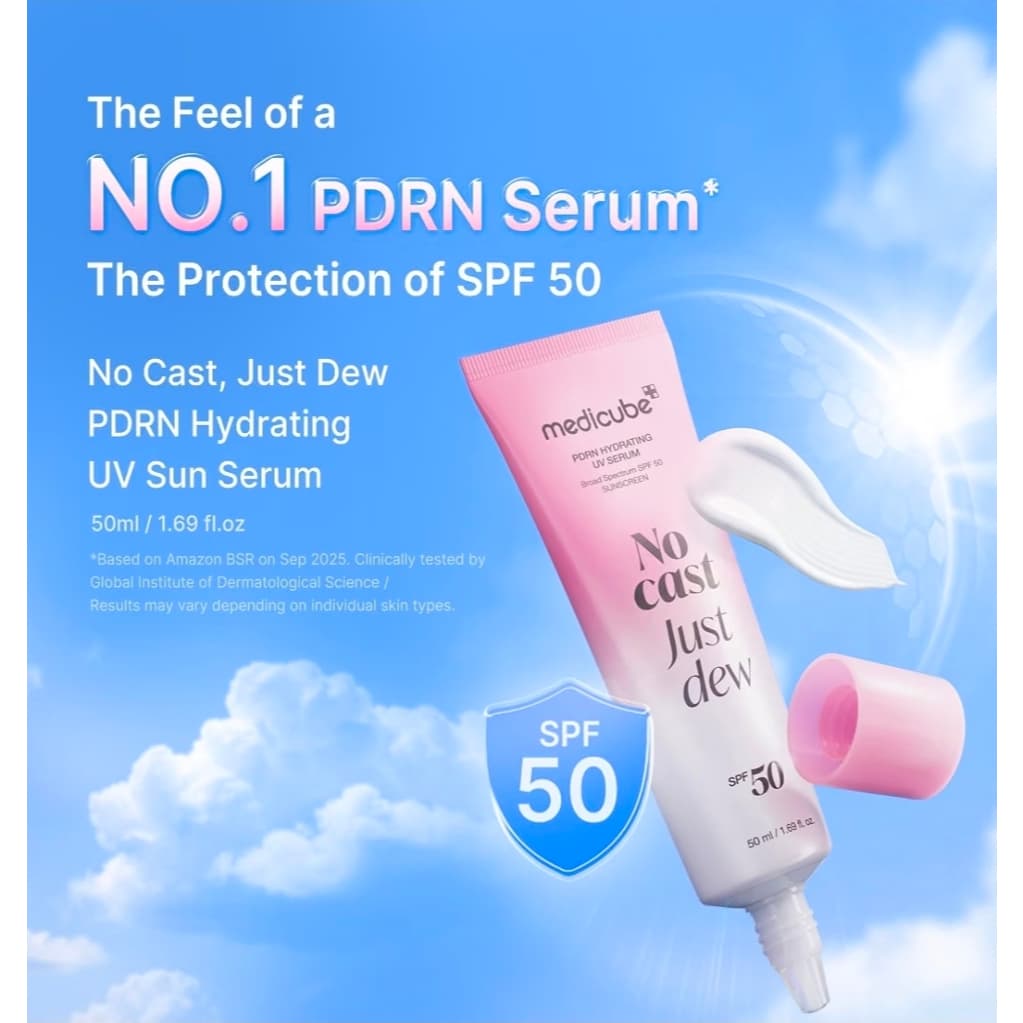 Medicube Sérum solar hidratante UV No Cast Just Dew PDRN | Protetor solar de absorção rápida FPS50PA++++|