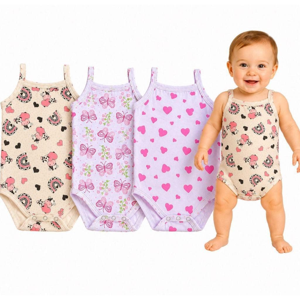 Kit com 3 Body Bebe Menina Alcinha 100% Algodão Confortavel Roupa Bebê Bodies PMG Estampas Sortidas Verão Roupa Bebê
