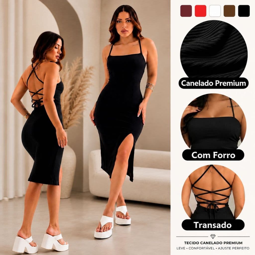 Vestido Feminino midi costas nuas trançadas fenda lateral elegante Empina Bumbum colado Novo canelado premium