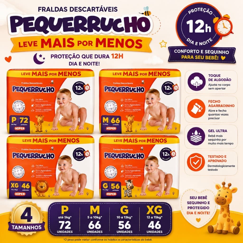 Fralda Pequerrucho Hiper P M G XG 12h Aloe Vera