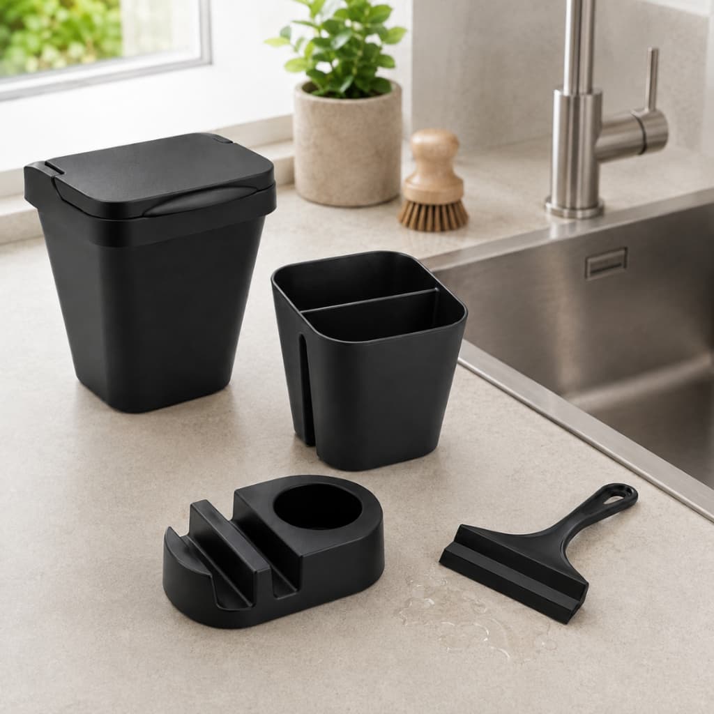 Kit Pia Cozinha 4 Peças Lixeira Bancada + Porta Talheres + Organizador Detergente Esponja + Rodinho