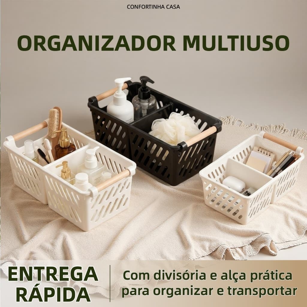 Cesto Organizador Multiuso com Divisória e Alça para Banheiro Cozinha Escritório Maquiagem