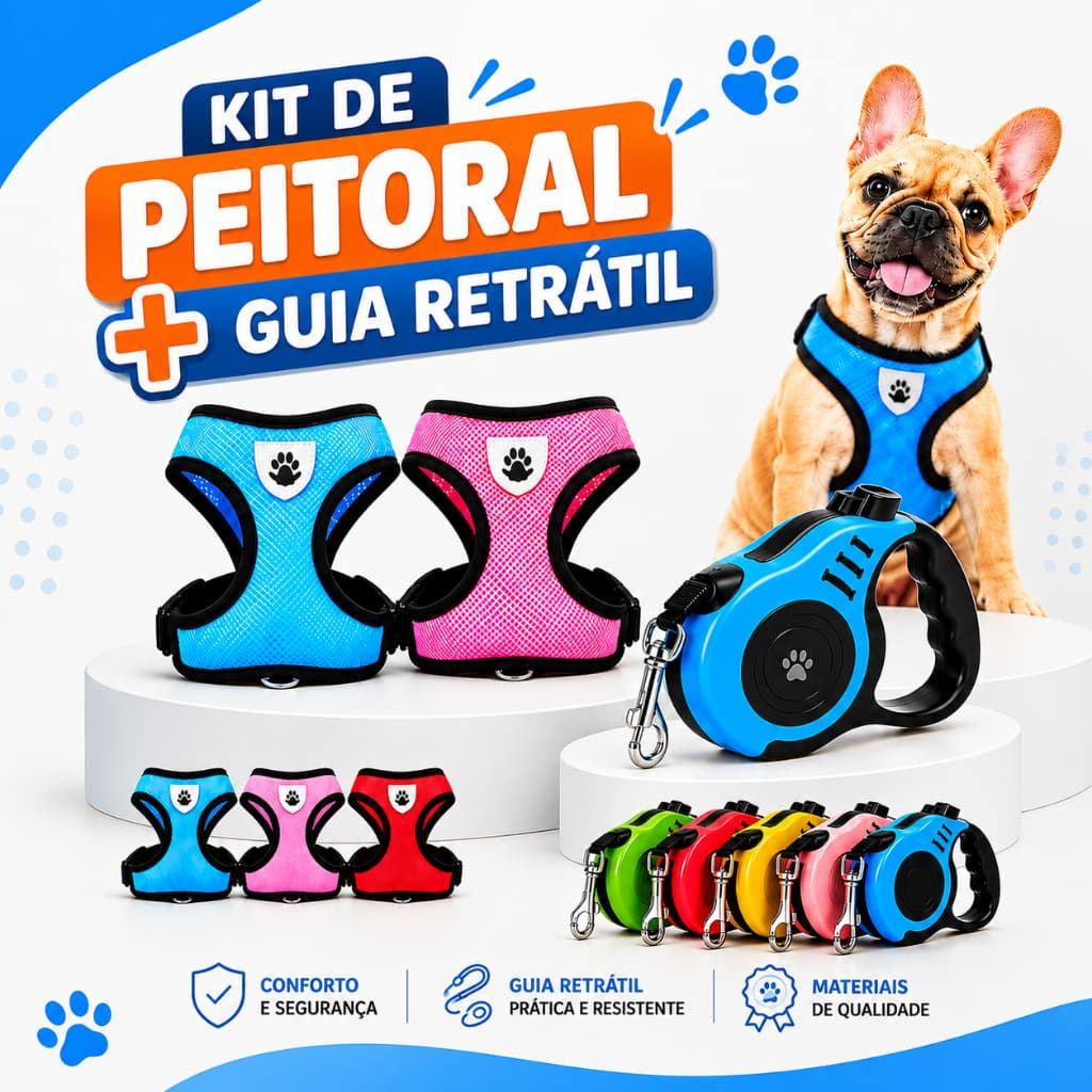 Guia Retrátil + Coleira Peitoral Para Cachorro Colete Filhot