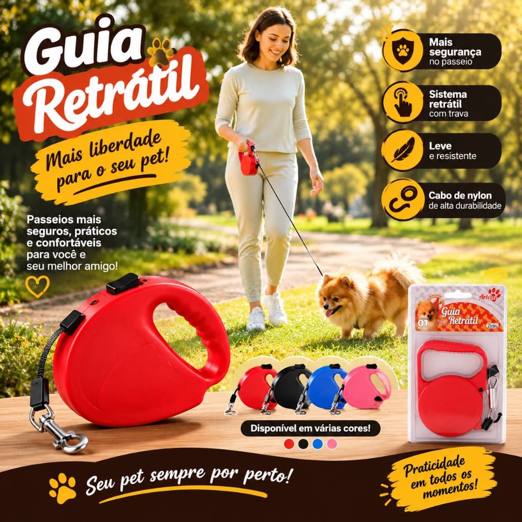 Guia Retrátil para Cachorro e Gato 3m  Coleira Automática Resistente para Cães Pequenos e Médios Pet