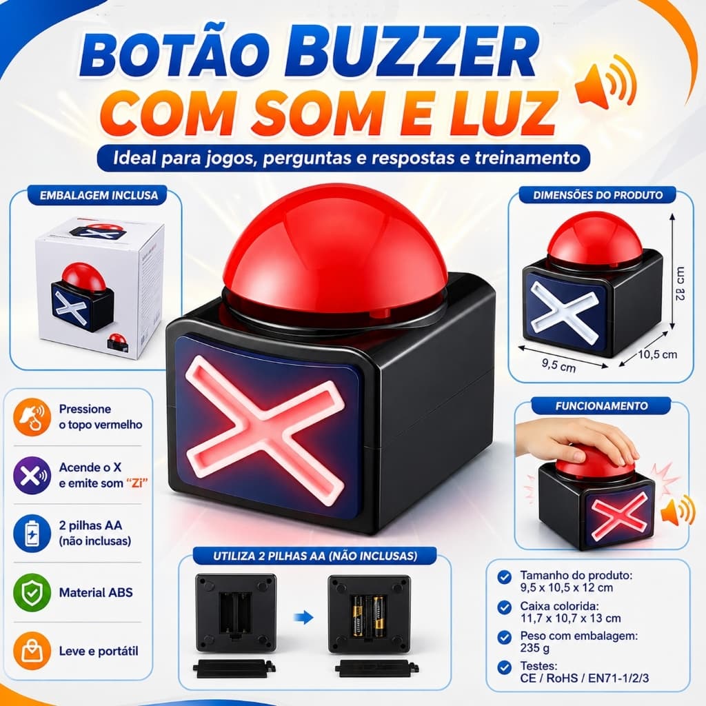 Kit Buzzer 2 Unidades Resposta Rápida Com Luz E Som Trivia Quiz Competição Brinquedo Educativo Envio do Brasil