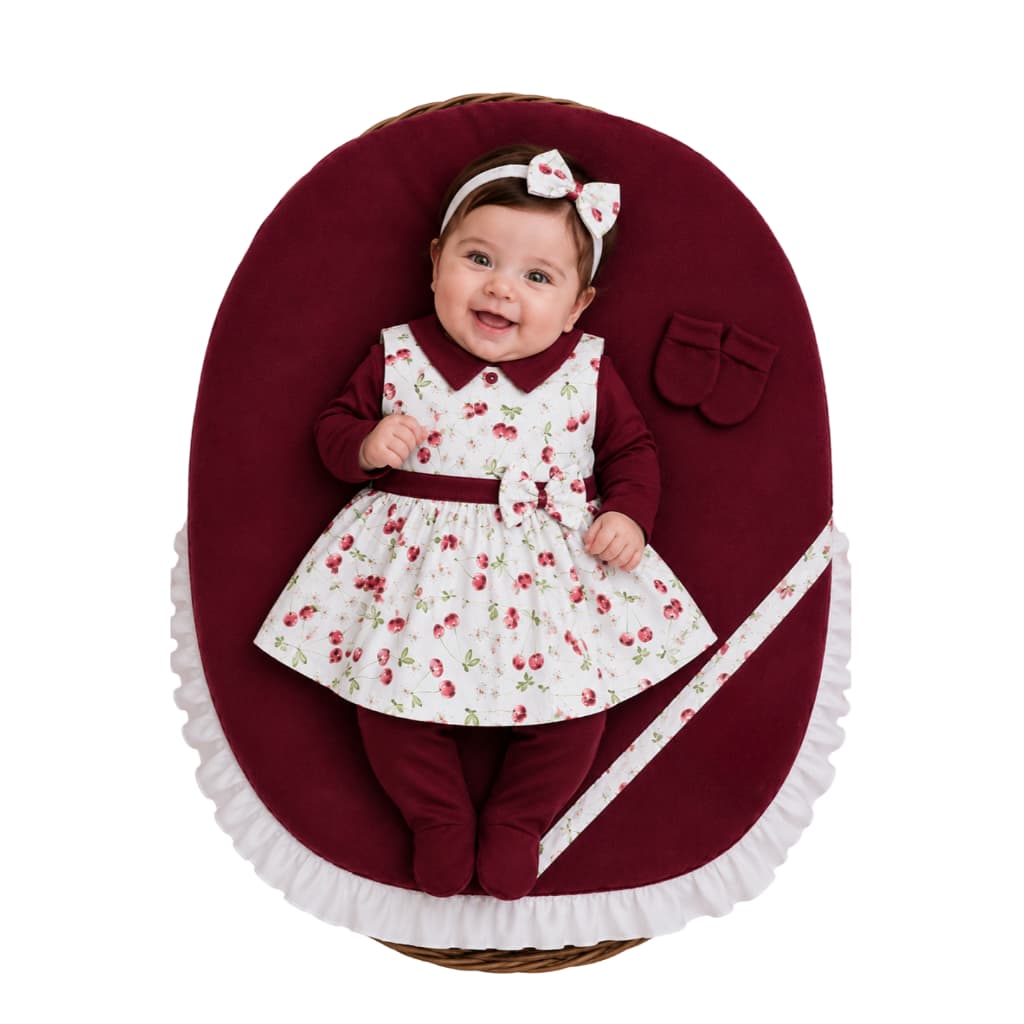 Saída Maternidade Menina Valentina Marsala 05 peças Roupa de Bebê Menina Recém-Nascido