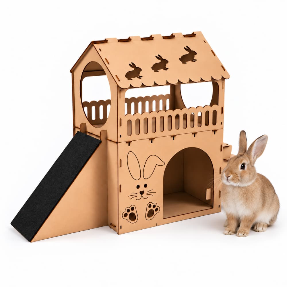 Casinha de Coelho 2 Andares Playground Rampa Escada e Toca Antiestresse para Pet
