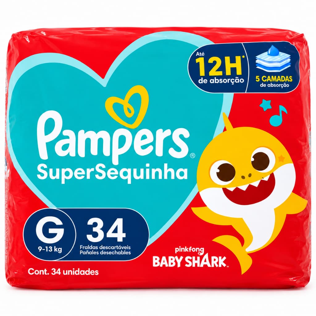 Fralda Pampers SuperSequinha G 34 Unidades 9 a 13kg Baby Shark