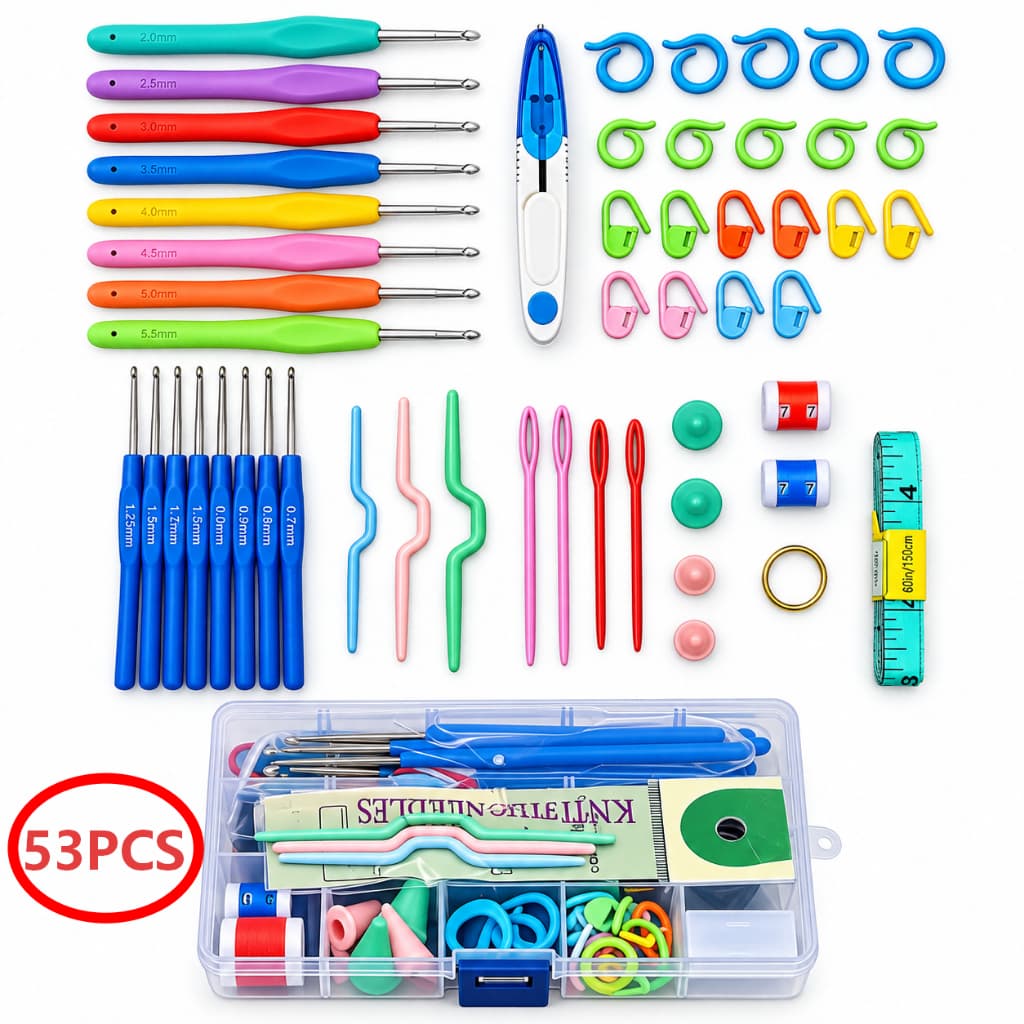 Kit Crochê Completo 53 Peças para Amigurumi, Agulhas de Crochê com Cabo Soft, Tesoura e Acessórios para Crochê
