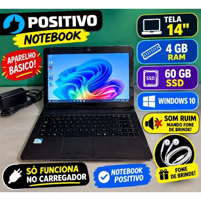 Notebook Positivo Tela 14 polegadas - 2GB Ram 60GB SSD  Estudar Trabalhar Navegar