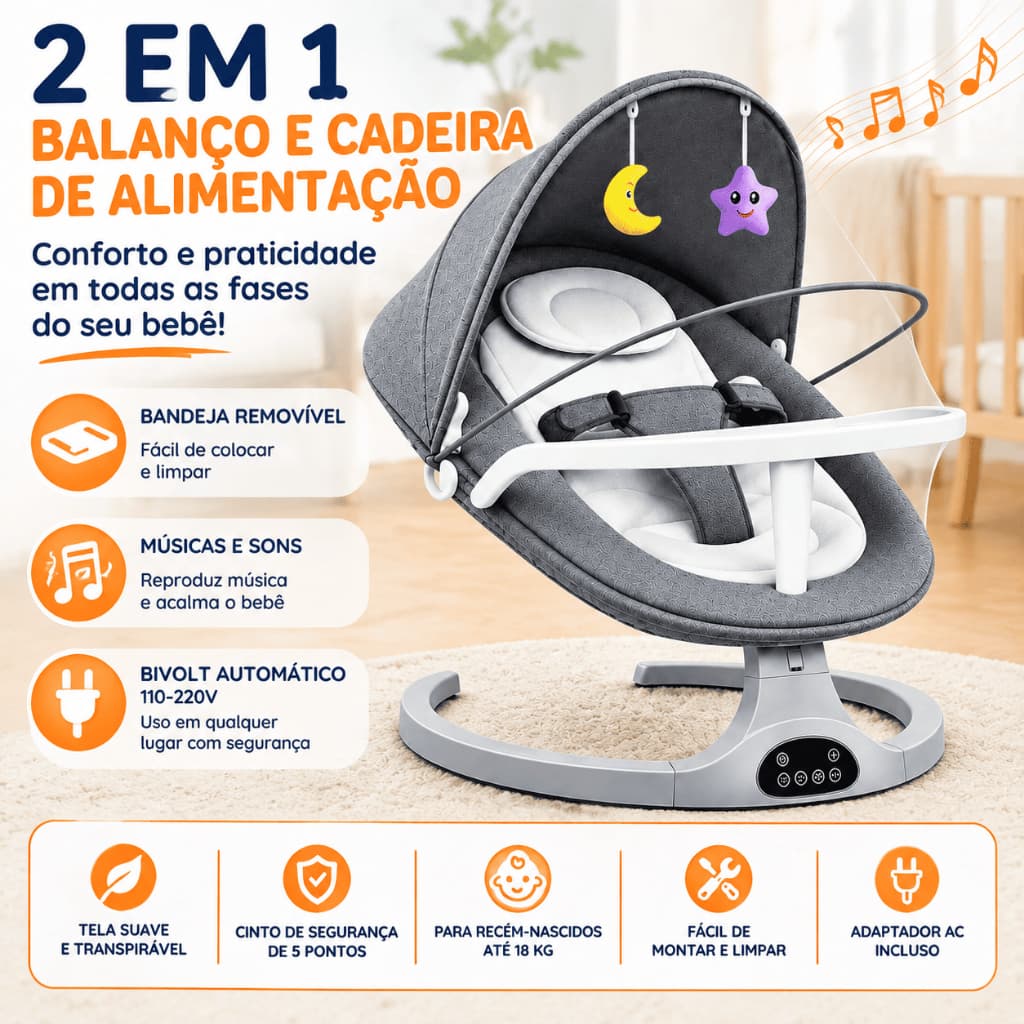 Cadeira Balanço Bebê Elétrica Cadeira de Descanso Bebê Vibratória Musical 2 em 1 Com Bandeja Alimentação Recém Nascido