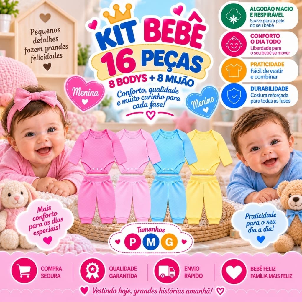 Kit Pagão Bebê 16 Peças 8 Body Manga Longa + 8 Mijão Inverno Enxoval Maternidade Menina