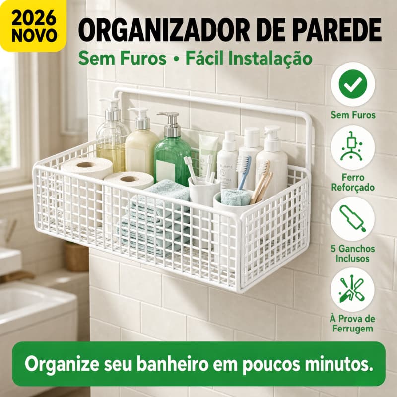 Organizador de Parede Banheiro Sem Furos Kit 5 Ganchos - Cesto Ferro Grade Rosto/Shampoo/Touca
