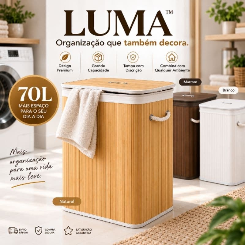 Cesto Organizador LUMA 70L Bambu com Tampa e Alças para Roupas Lavanderia Quarto Banheiro e Closet